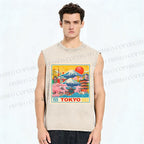 Unisex Tokyo Retro stamp Printed Washed Tank Top