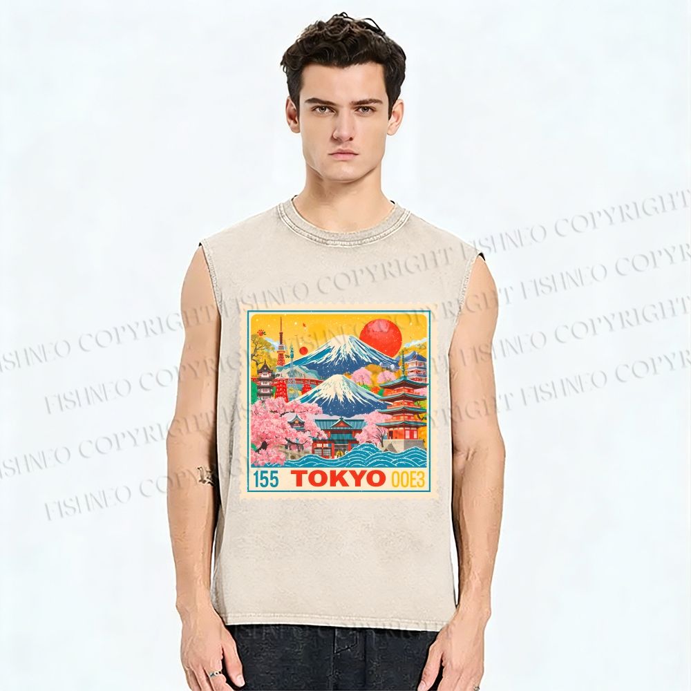 Unisex Tokyo Retro stamp Printed Washed Tank Top