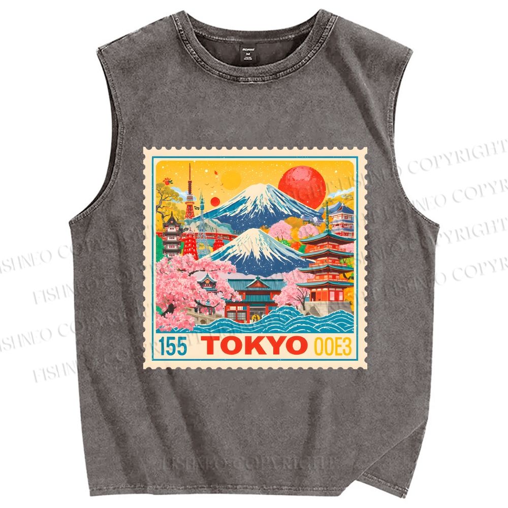 Unisex Tokyo Retro stamp Printed Washed Tank Top