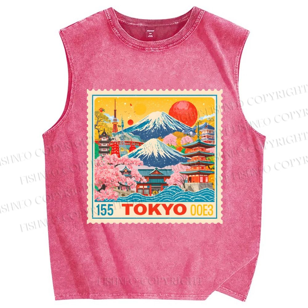 Unisex Tokyo Retro stamp Printed Washed Tank Top