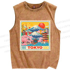 Unisex Tokyo Retro stamp Printed Washed Tank Top