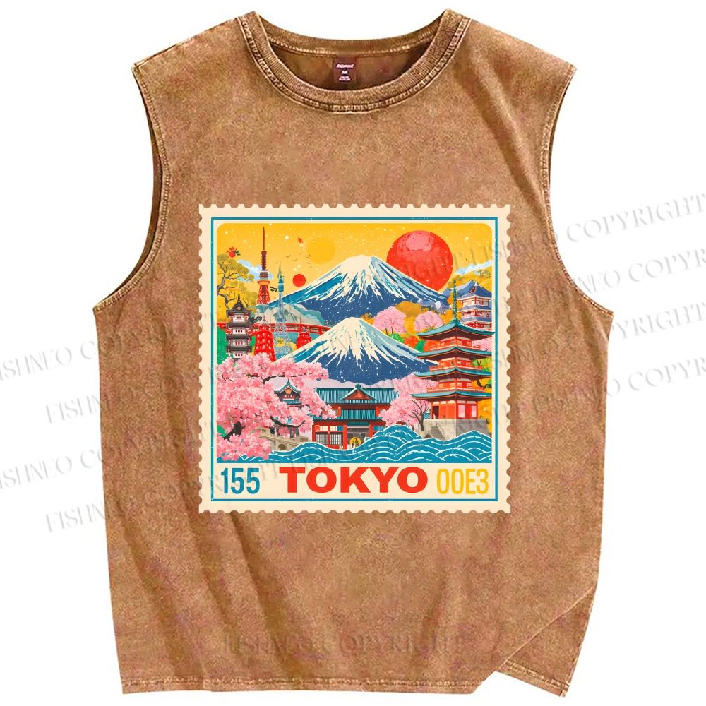 Unisex Tokyo Retro stamp Printed Washed Tank Top