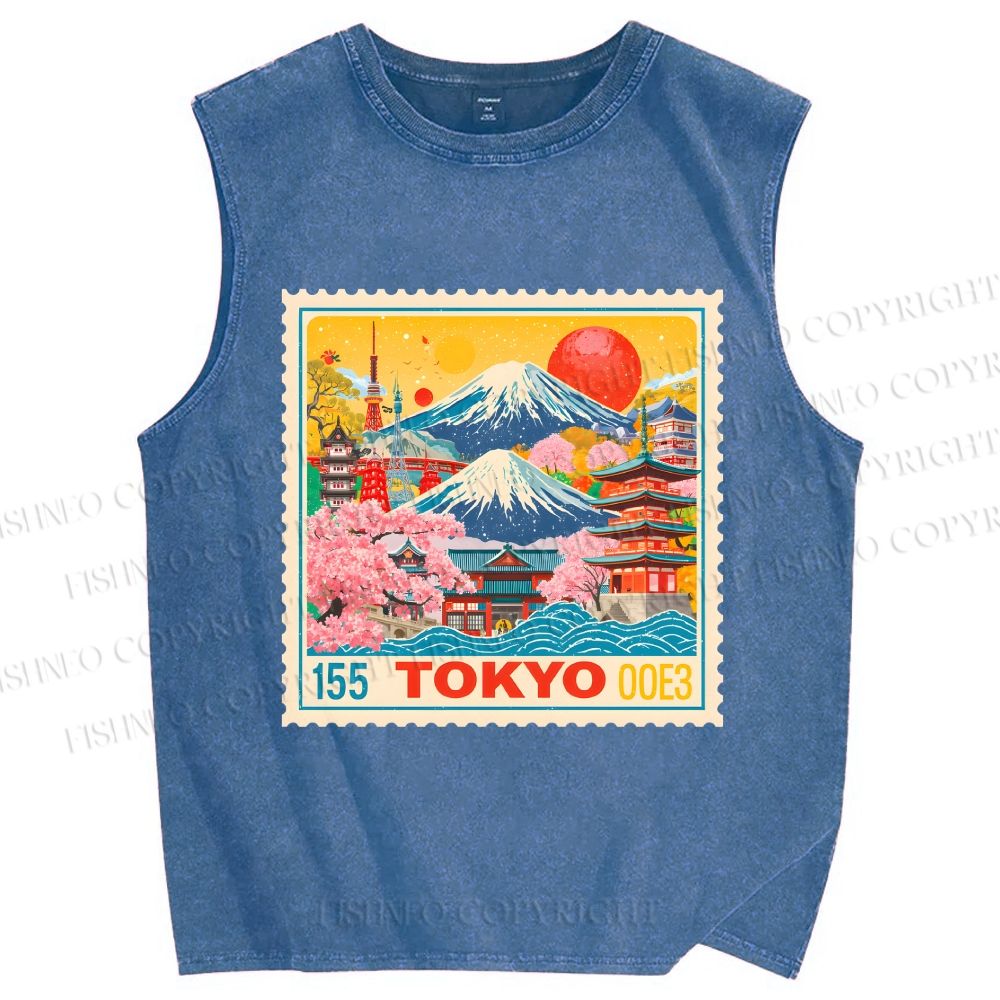 Unisex Tokyo Retro stamp Printed Washed Tank Top