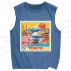 Unisex Tokyo Retro stamp Printed Washed Tank Top