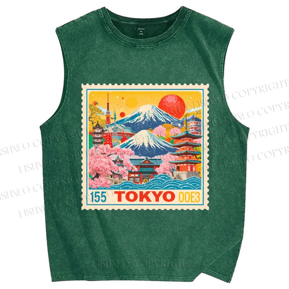 Unisex Tokyo Retro stamp Printed Washed Tank Top