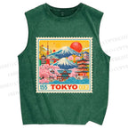 Unisex Tokyo Retro stamp Printed Washed Tank Top