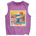 Unisex Tokyo Retro stamp Printed Washed Tank Top