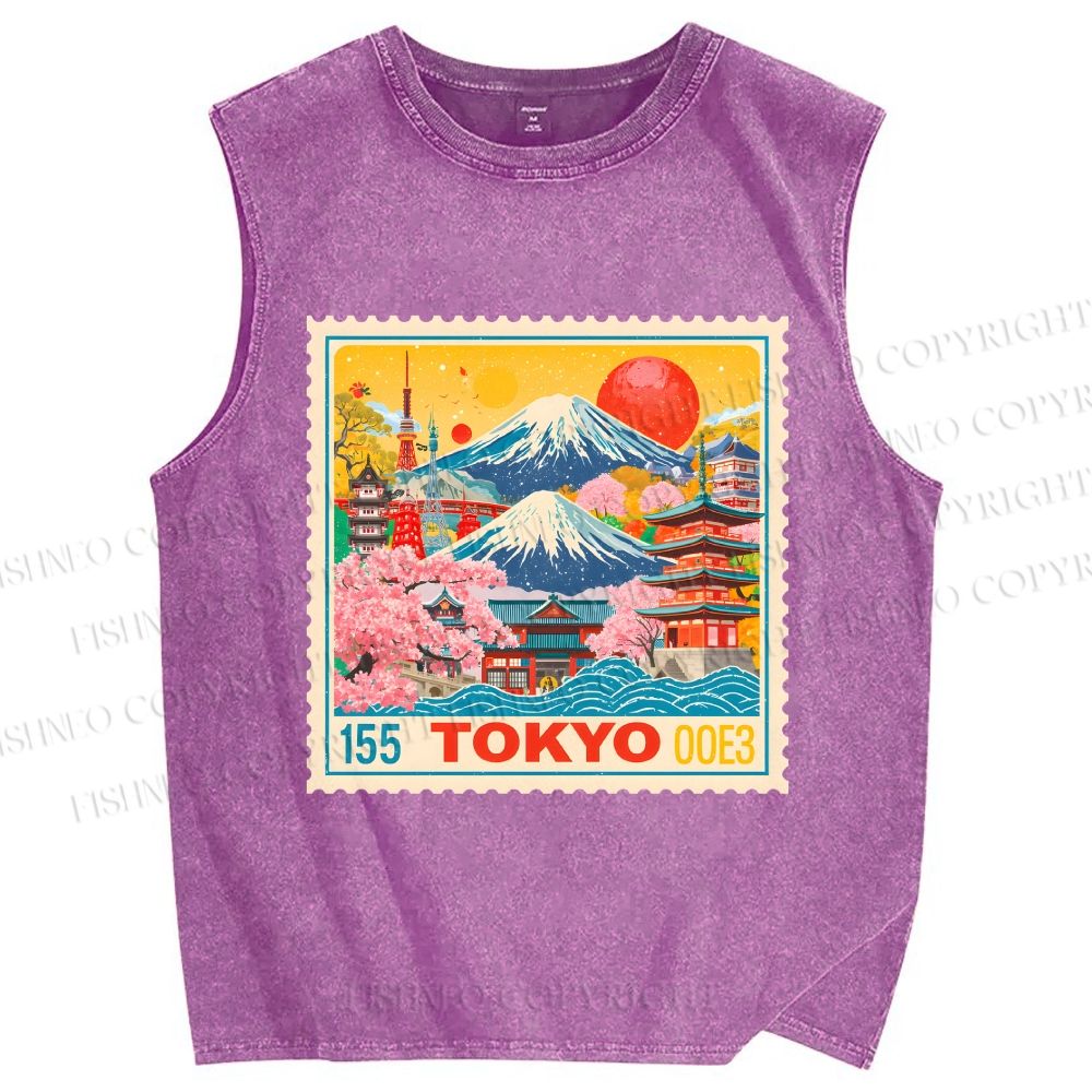 Unisex Tokyo Retro stamp Printed Washed Tank Top