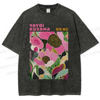 Unisex Yayoi Kusama Pink Flowers Printed Washed Tee