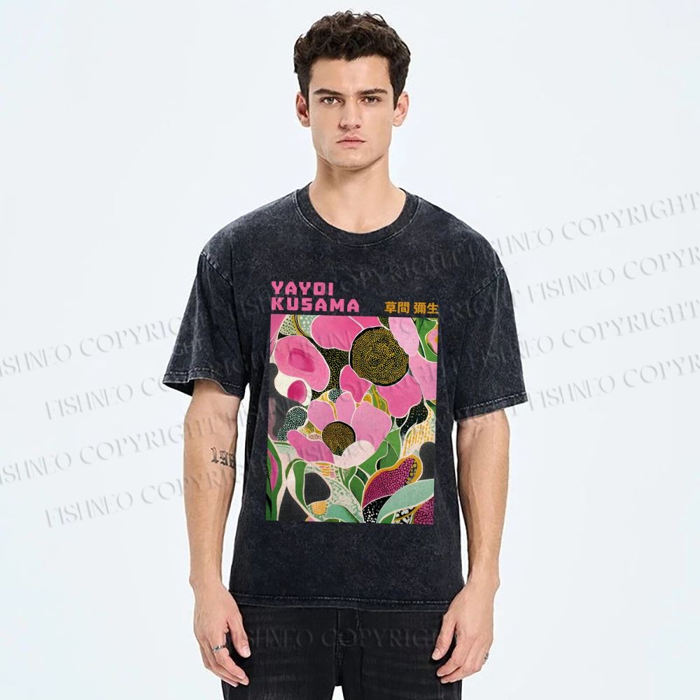 Unisex Yayoi Kusama Pink Flowers Printed Washed Tee