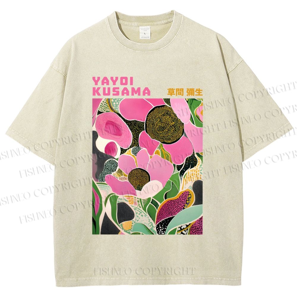 Unisex Yayoi Kusama Pink Flowers Printed Washed Tee