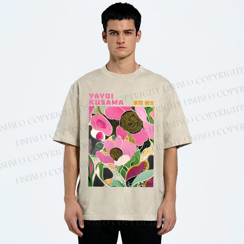 Unisex Yayoi Kusama Pink Flowers Printed Washed Tee