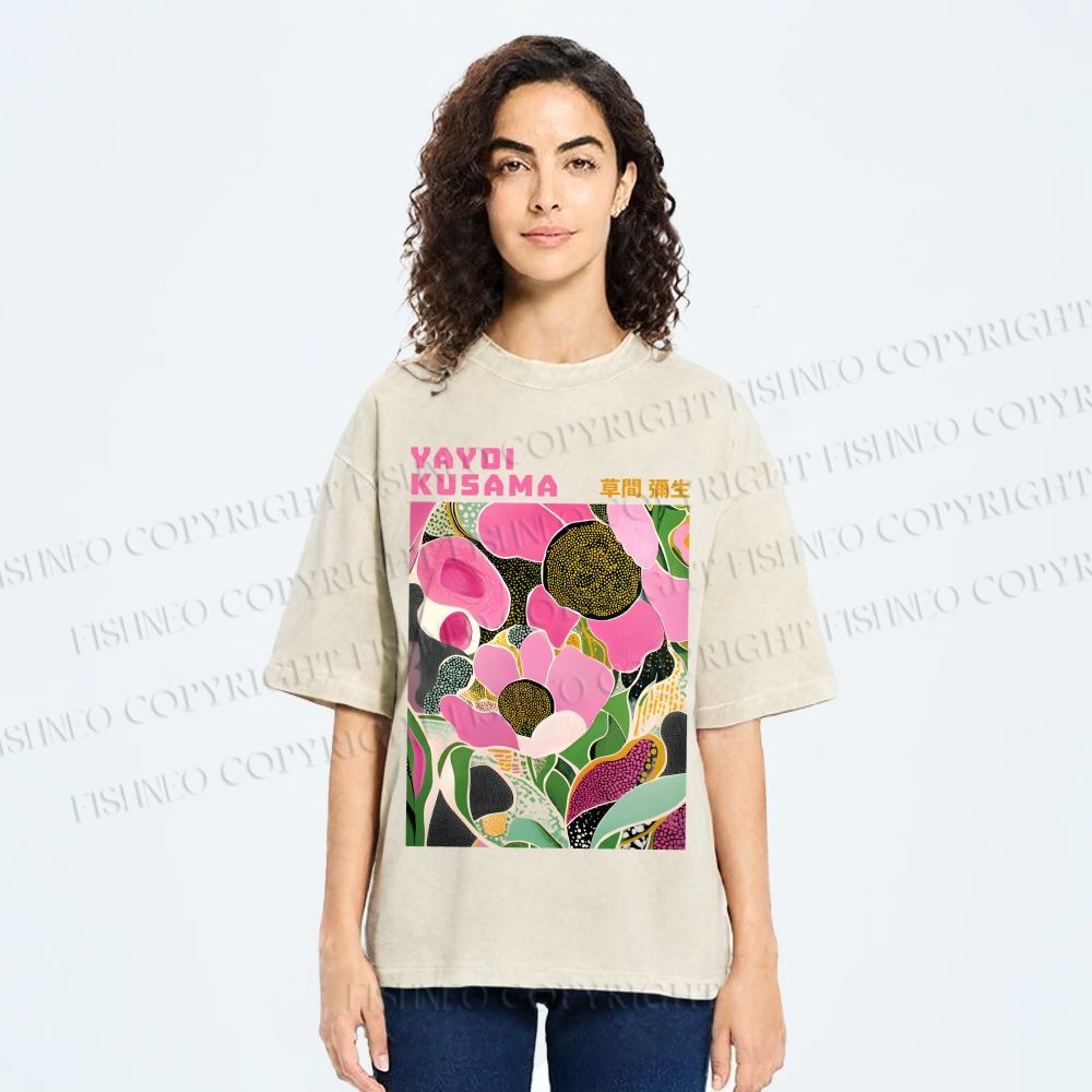 Unisex Yayoi Kusama Pink Flowers Printed Washed Tee