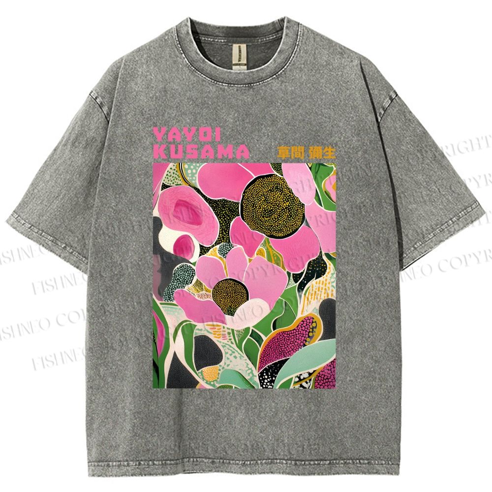 Unisex Yayoi Kusama Pink Flowers Printed Washed Tee