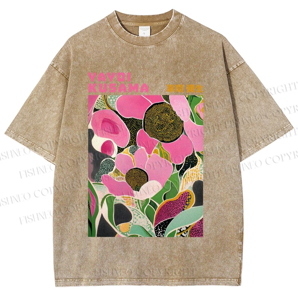 Unisex Yayoi Kusama Pink Flowers Printed Washed Tee