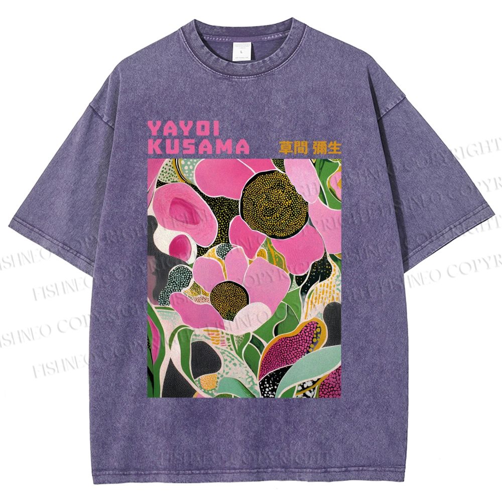 Unisex Yayoi Kusama Pink Flowers Printed Washed Tee
