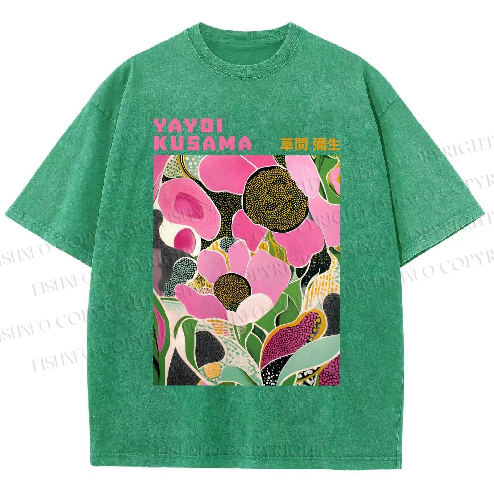 Unisex Yayoi Kusama Pink Flowers Printed Washed Tee