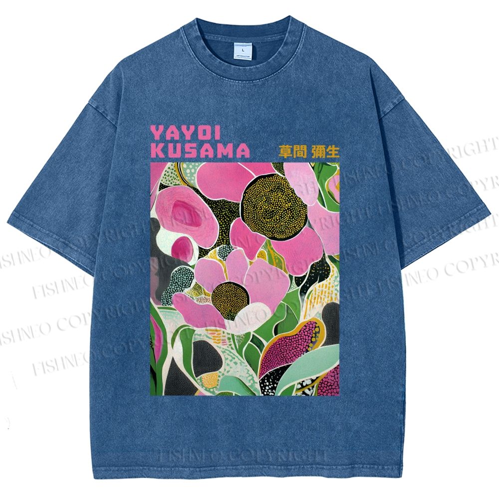 Unisex Yayoi Kusama Pink Flowers Printed Washed Tee