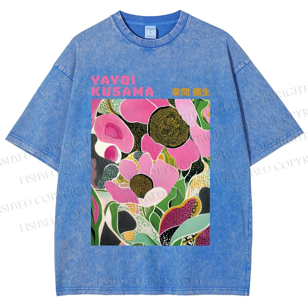 Unisex Yayoi Kusama Pink Flowers Printed Washed Tee