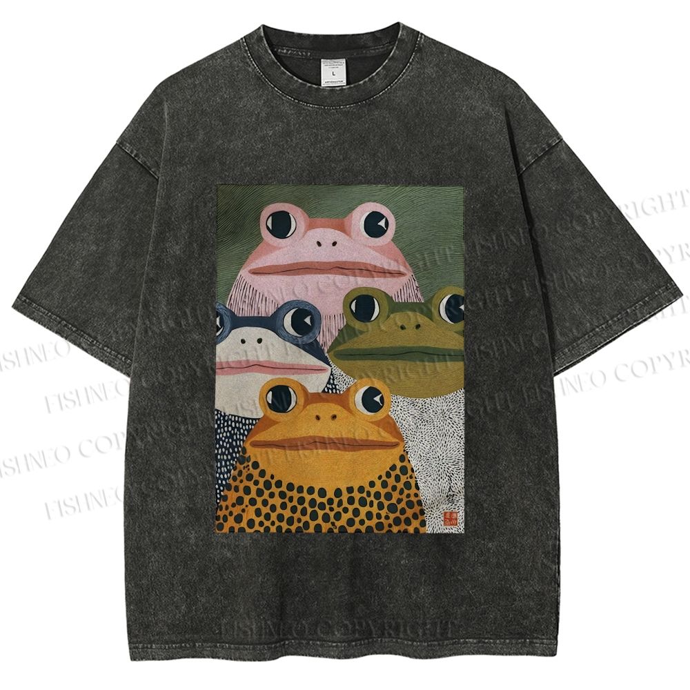 Unisex Japanese Frogs Printed Washed Tee