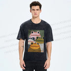 Unisex Japanese Frogs Printed Washed Tee