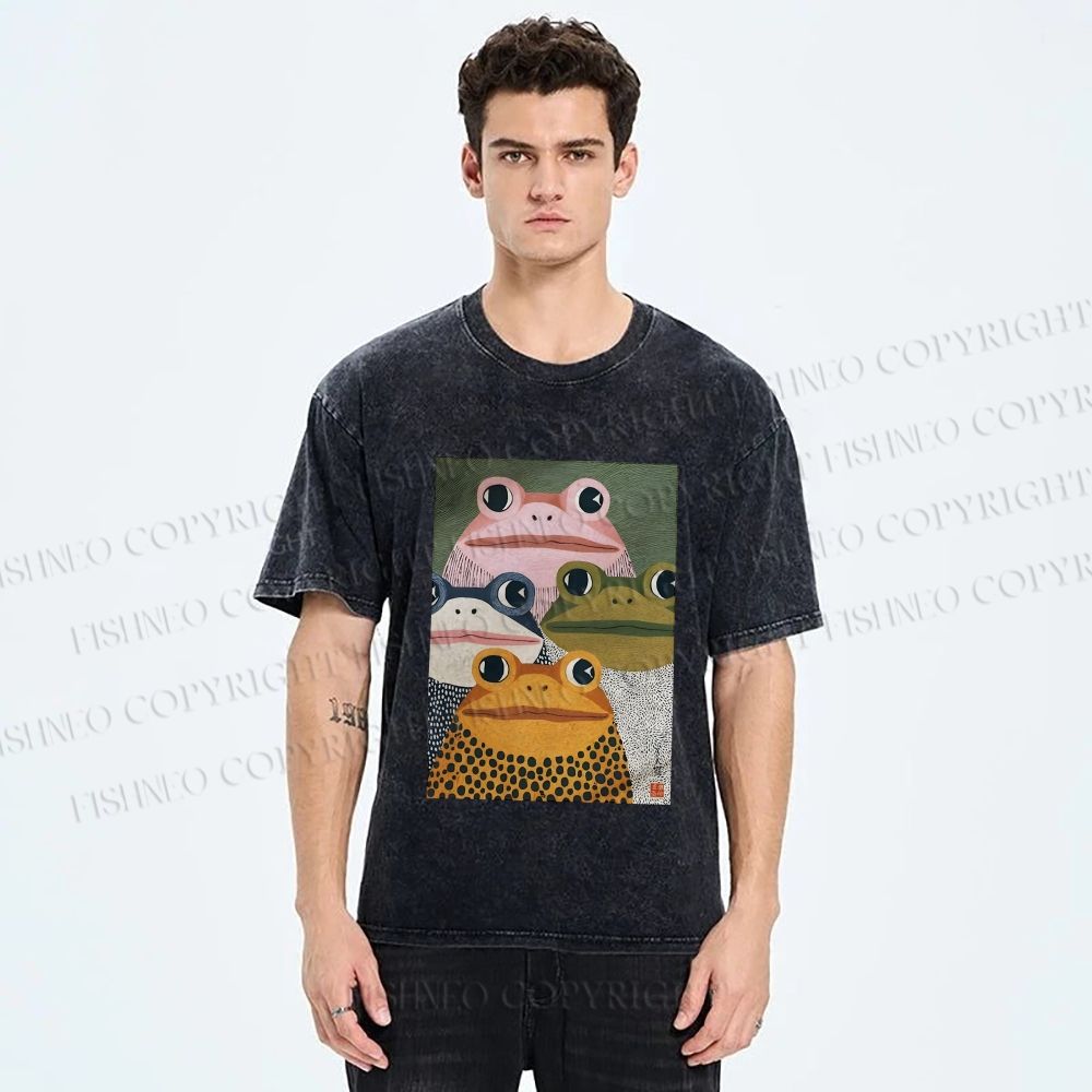 Unisex Japanese Frogs Printed Washed Tee