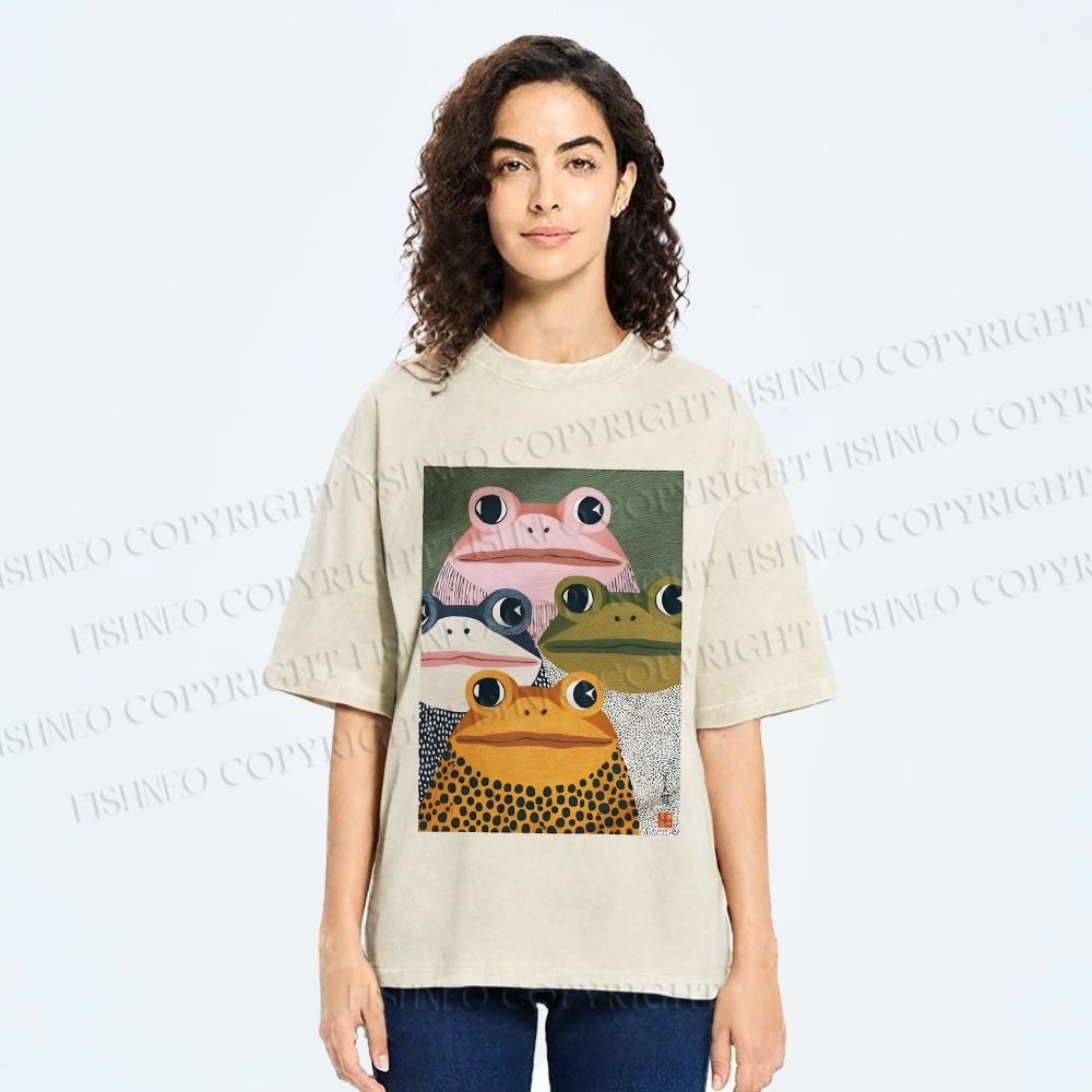 Unisex Japanese Frogs Printed Washed Tee