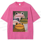 Unisex Japanese Frogs Printed Washed Tee