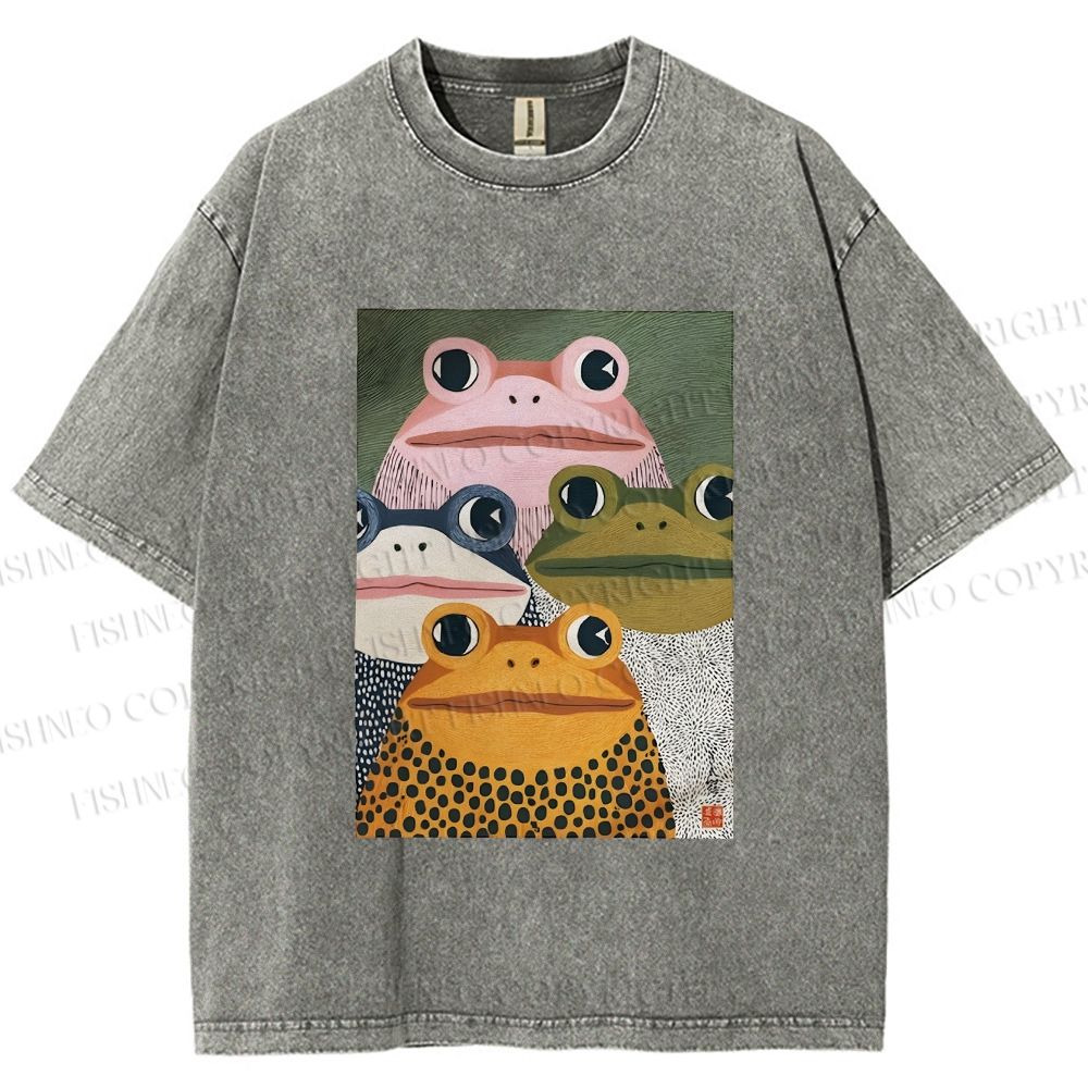 Unisex Japanese Frogs Printed Washed Tee