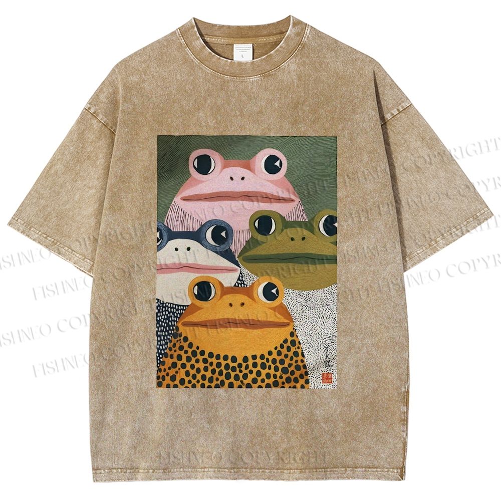 Unisex Japanese Frogs Printed Washed Tee