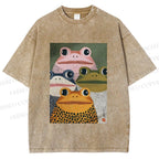 Unisex Japanese Frogs Printed Washed Tee