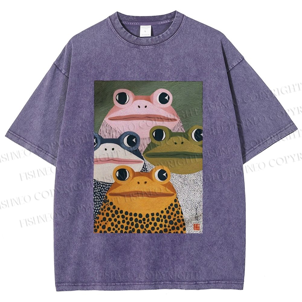 Unisex Japanese Frogs Printed Washed Tee