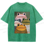 Unisex Japanese Frogs Printed Washed Tee