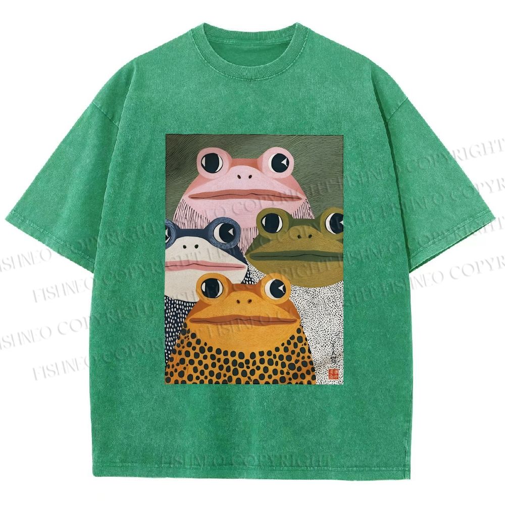 Unisex Japanese Frogs Printed Washed Tee