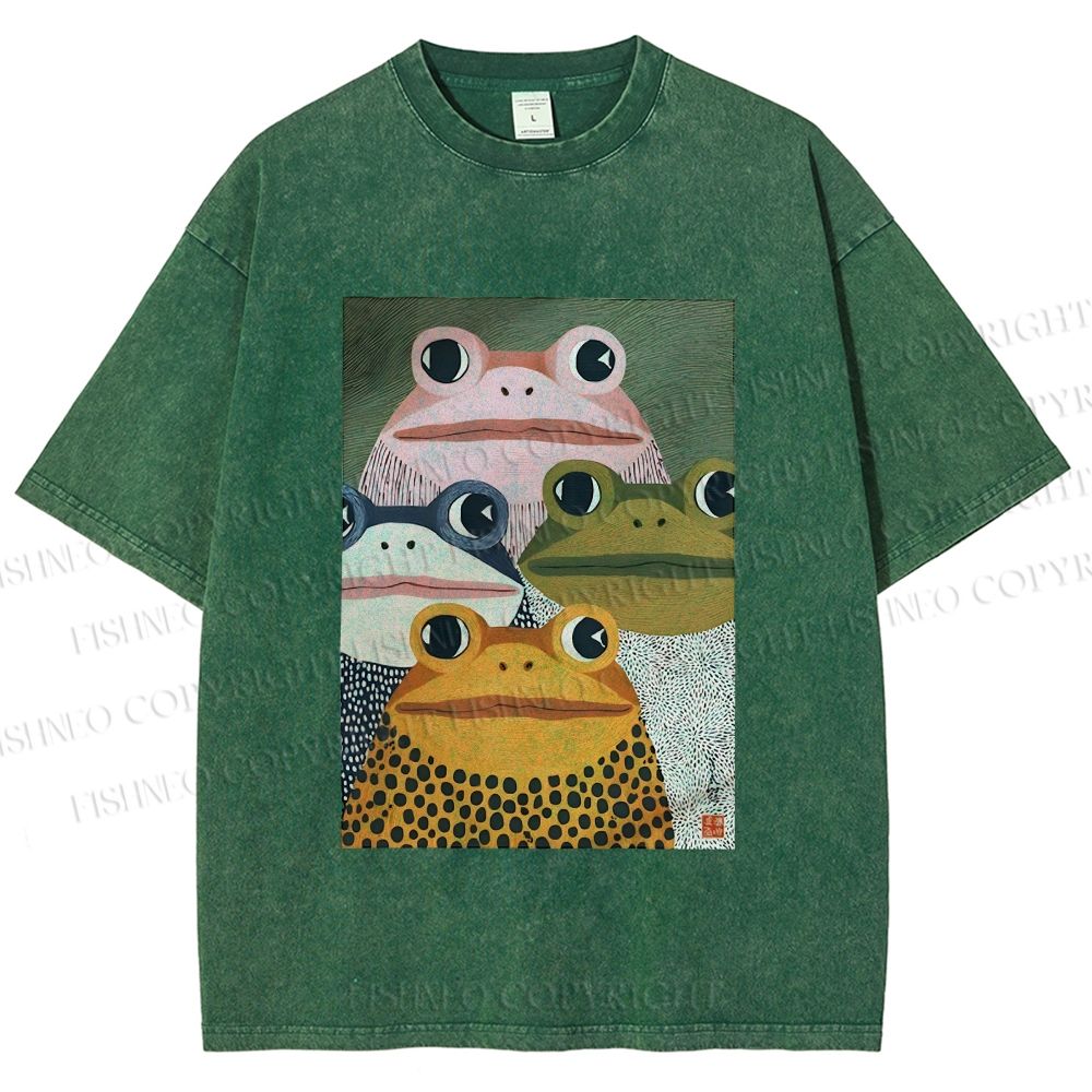 Unisex Japanese Frogs Printed Washed Tee