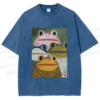 Unisex Japanese Frogs Printed Washed Tee