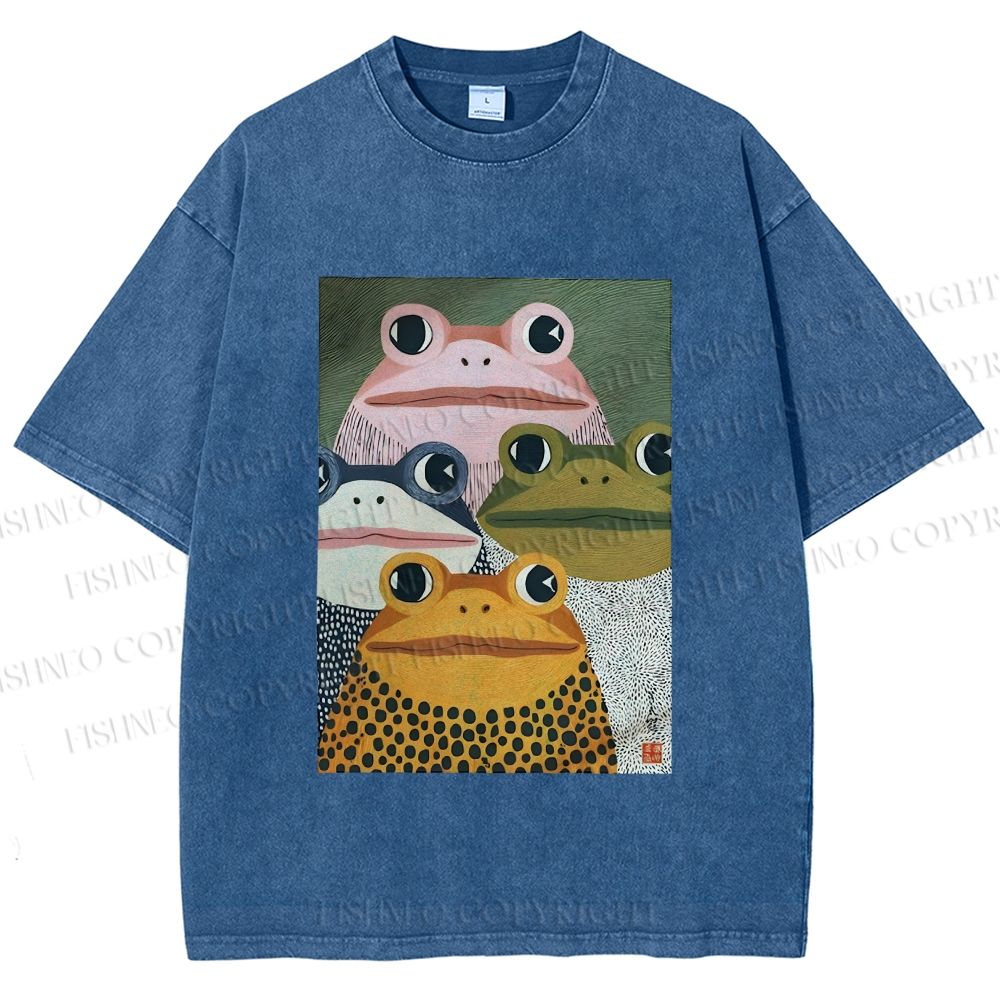 Unisex Japanese Frogs Printed Washed Tee