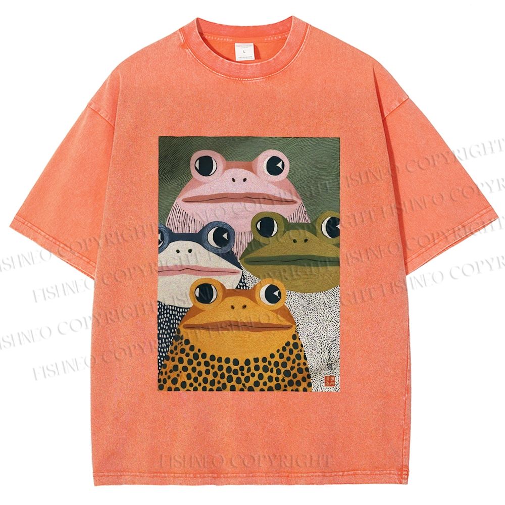 Unisex Japanese Frogs Printed Washed Tee