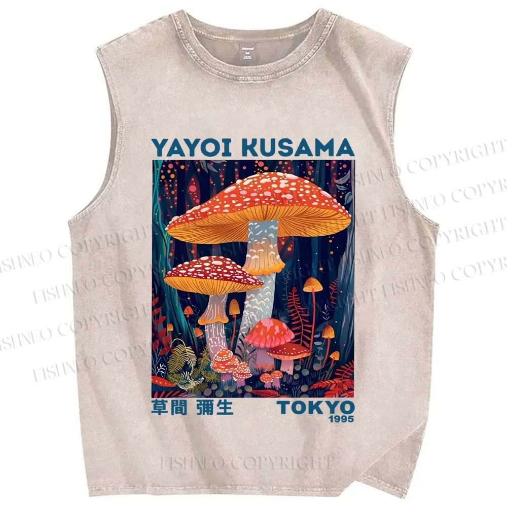 Unisex Yayoi Kusama Mushroom Printed Washed Tank Top