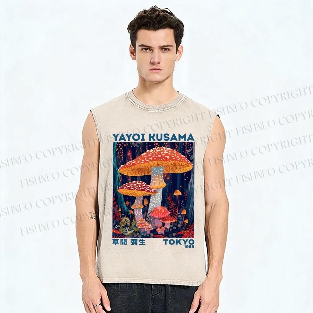 Unisex Yayoi Kusama Mushroom Printed Washed Tank Top