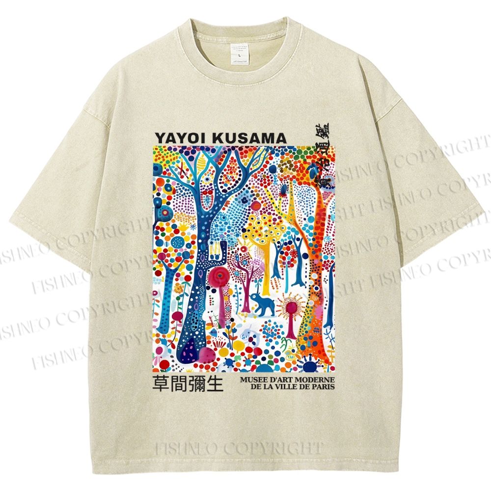 Unisex Yayoi Kusama Multicolor Wood Printed Washed Tee