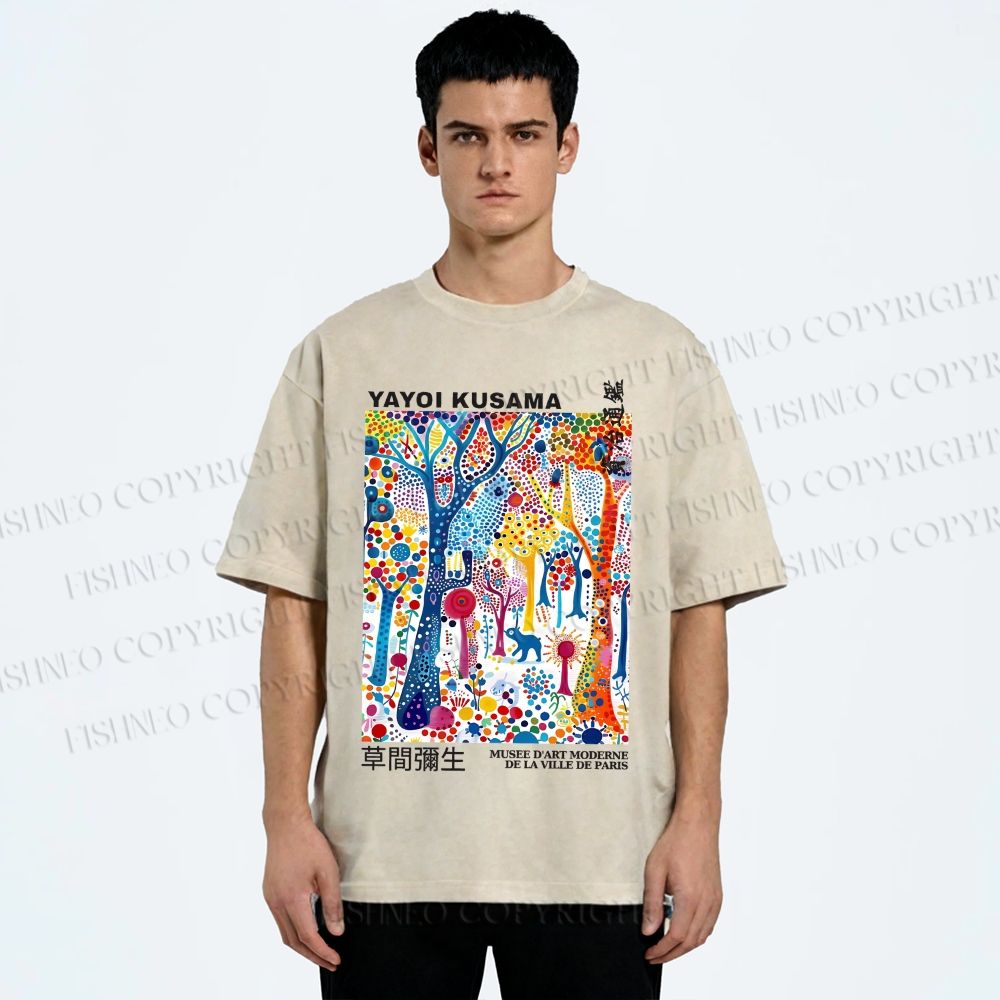 Unisex Yayoi Kusama Multicolor Wood Printed Washed Tee
