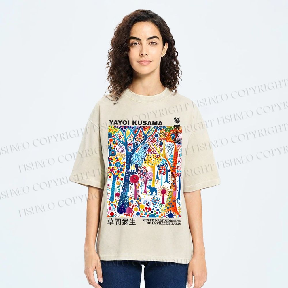 Unisex Yayoi Kusama Multicolor Wood Printed Washed Tee