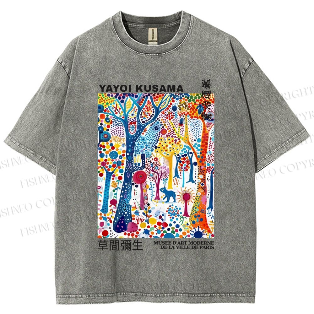 Unisex Yayoi Kusama Multicolor Wood Printed Washed Tee