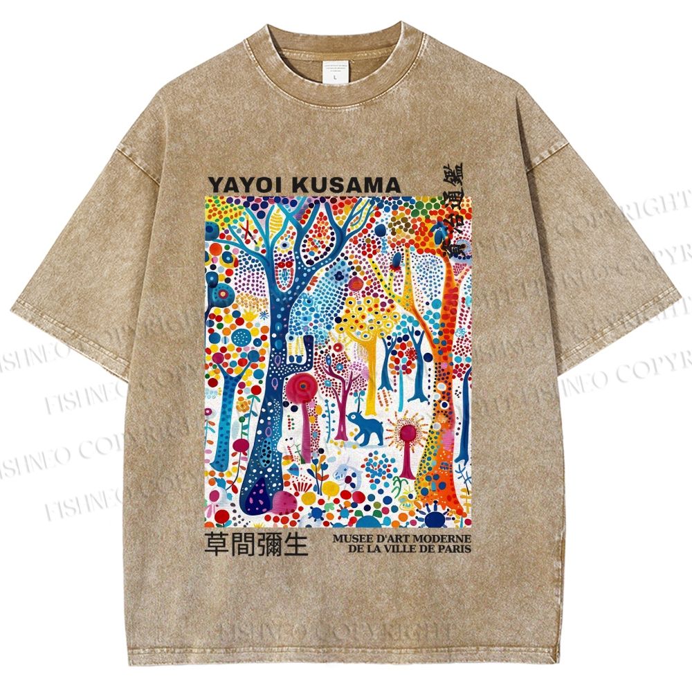 Unisex Yayoi Kusama Multicolor Wood Printed Washed Tee