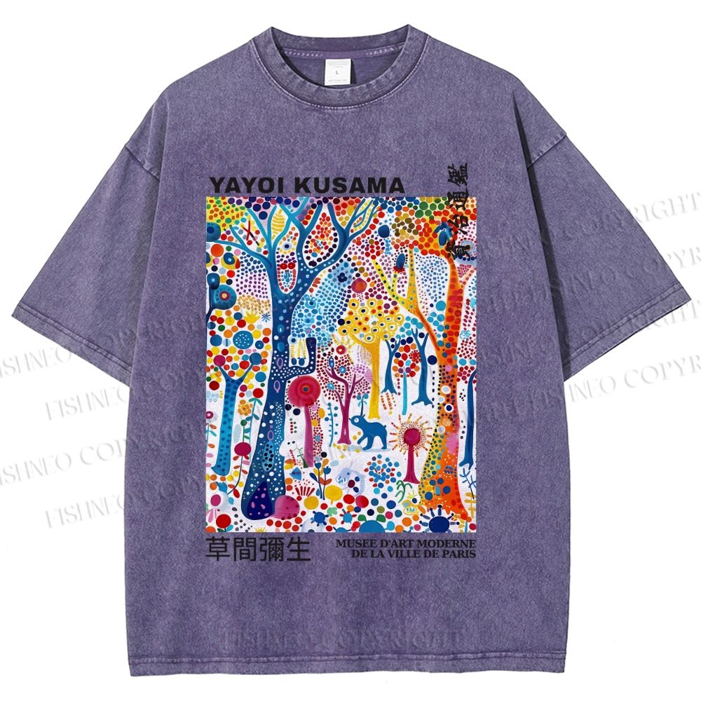 Unisex Yayoi Kusama Multicolor Wood Printed Washed Tee