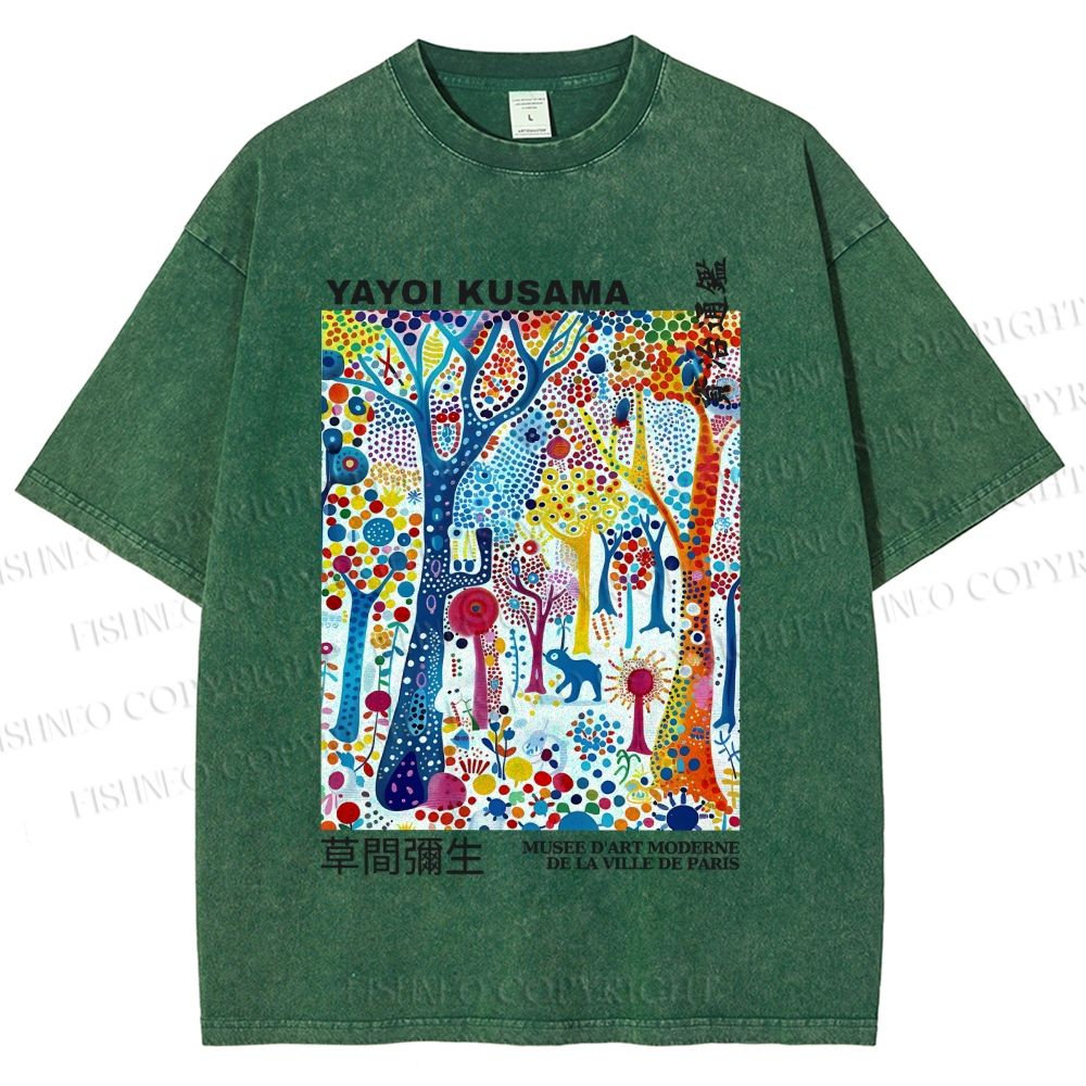 Unisex Yayoi Kusama Multicolor Wood Printed Washed Tee