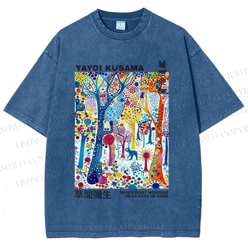 Unisex Yayoi Kusama Multicolor Wood Printed Washed Tee