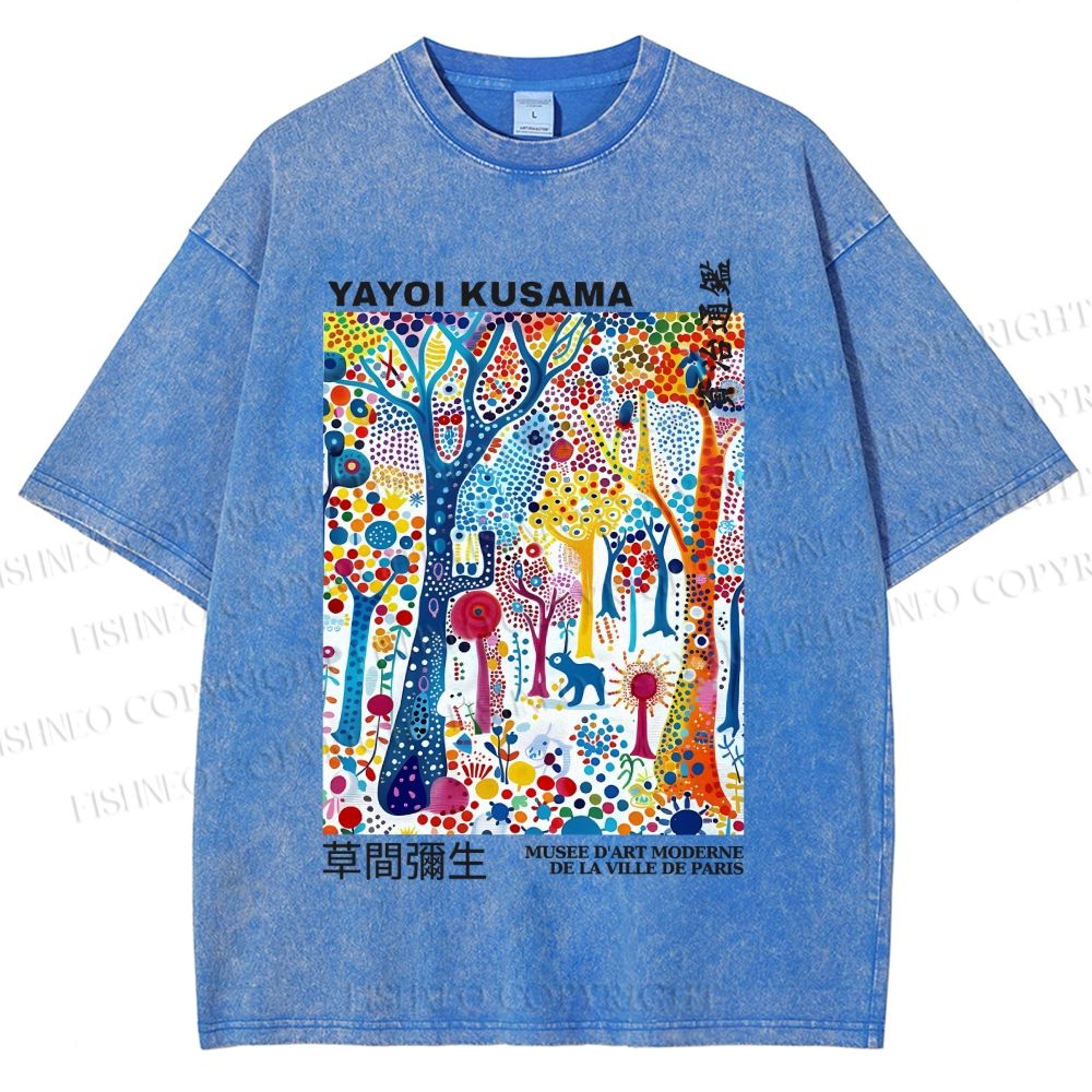 Unisex Yayoi Kusama Multicolor Wood Printed Washed Tee