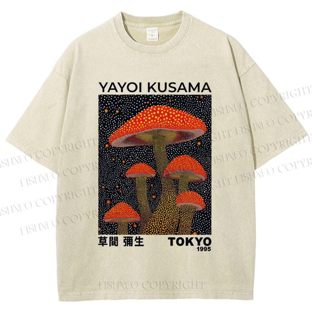 Unisex Yayoi Kusama Red Mushroom Printed Washed Tee